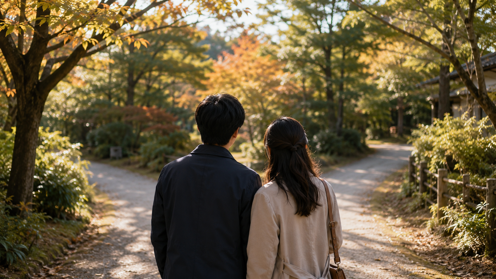 紅葉の並木道を寄り添って歩く男女の後ろ姿。プレ交際と真剣交際という2段階の交際を表すイメージ