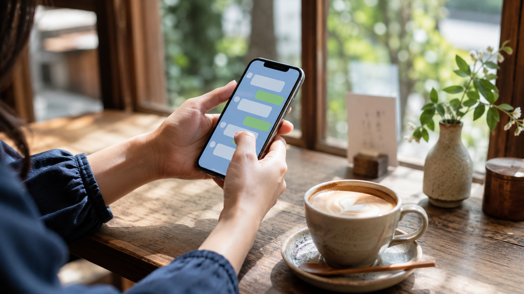 カフェの窓辺でスマホのメッセージをやり取りする女性の手元。プレ交際中の連絡やデートの進め方のイメージ