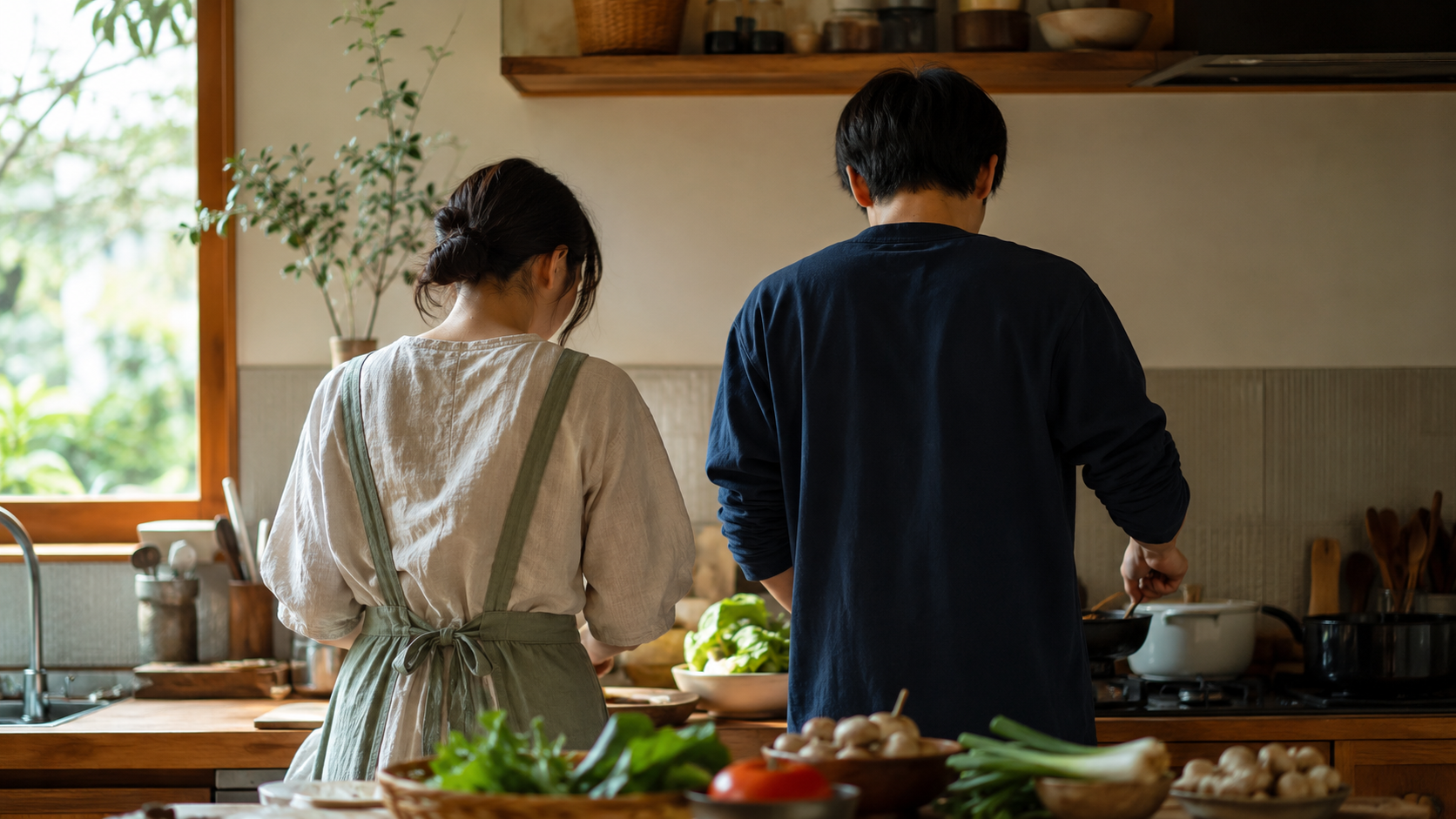 ナチュラルなキッチンで並んで料理をする夫婦の後ろ姿。結婚後の生活をイメージする真剣交際のイメージ